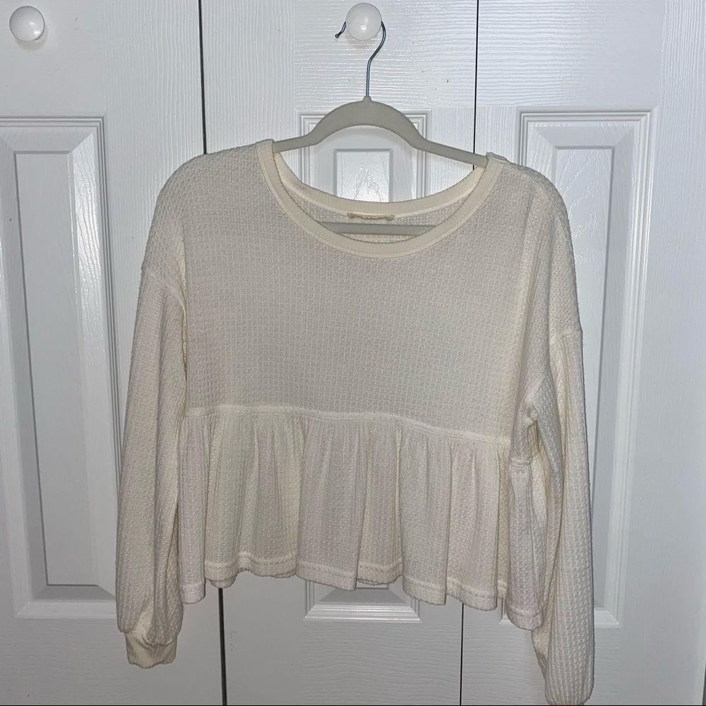 Cream long sleeve peplum waffle knit boutique top